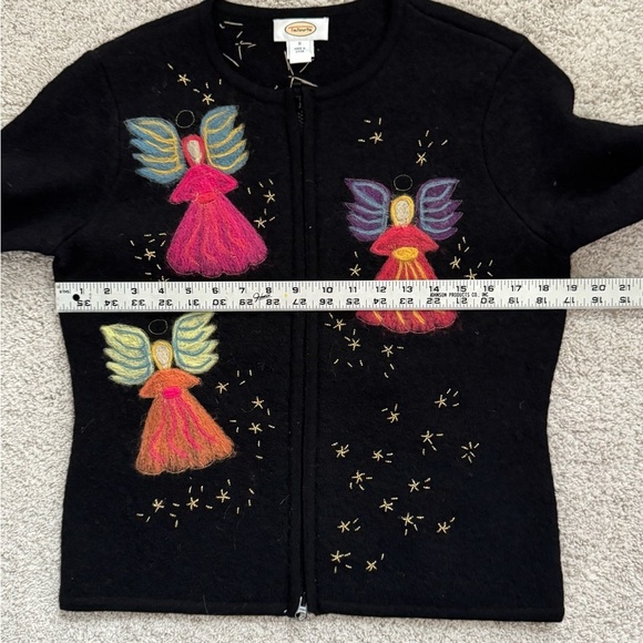 Talbots Vintage Black Cardigan with Colorful Angel Embroidery 100% Wool - Picture 7 of 8